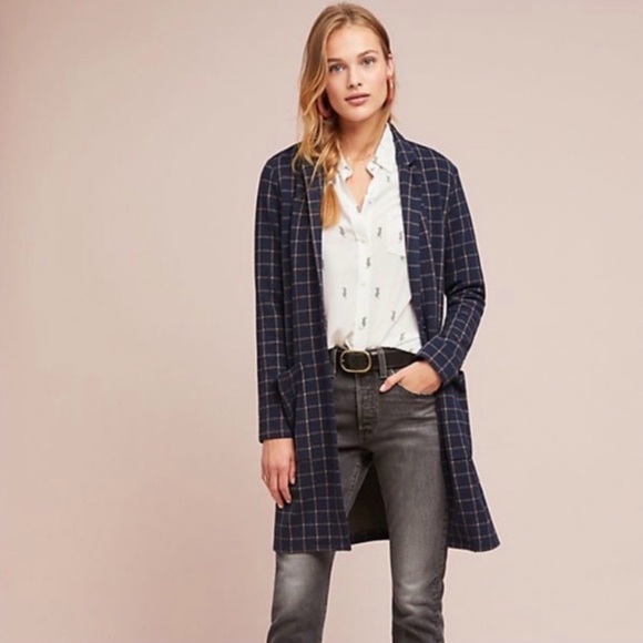 Harlyn Jackets & Blazers - Anthropologie Harlyn Navy Plaid Jacket – Size Small – Snap Front – Mid Length